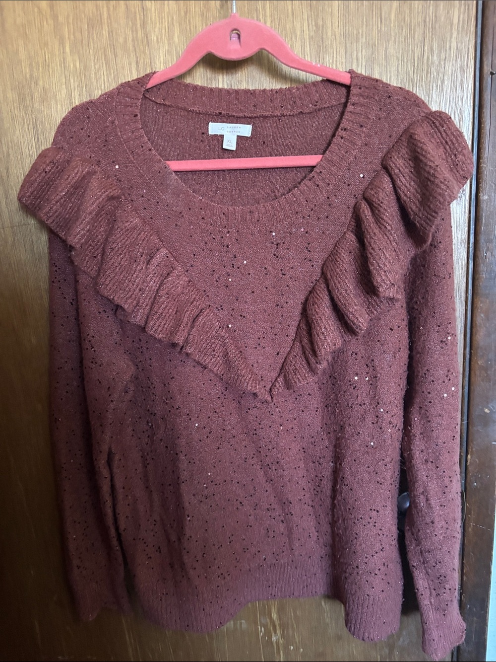 LC Lauren Conrad Rust Brown Ruffle Crewneck Sweater
